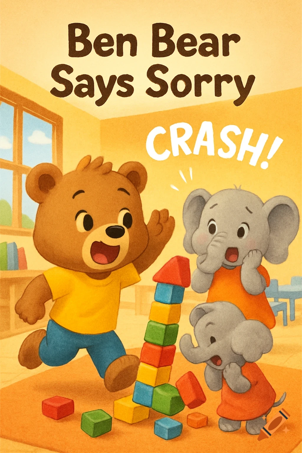 Cartoon bear knocks over a block tower as two elephants react in a classroom.