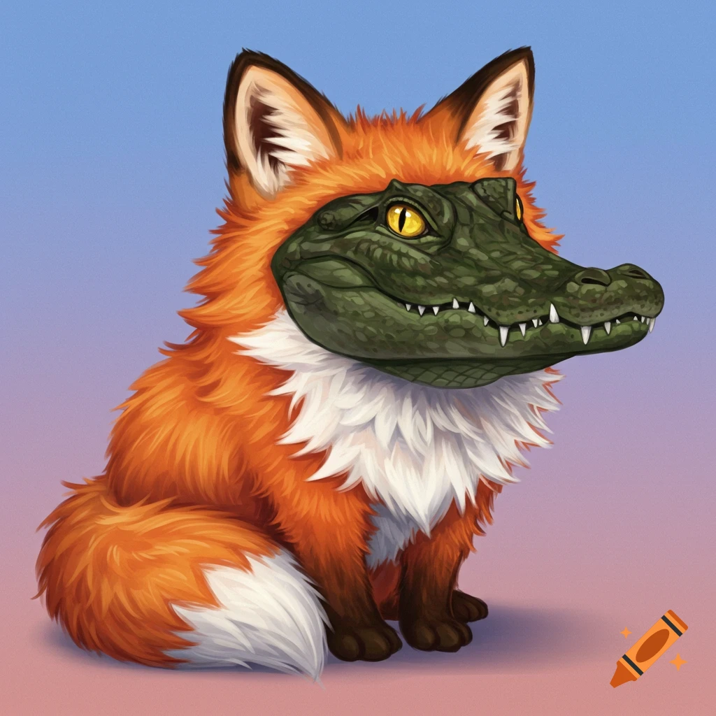 A fantasy creature with a fox body and alligator head sits against a gradient background, digital painting.