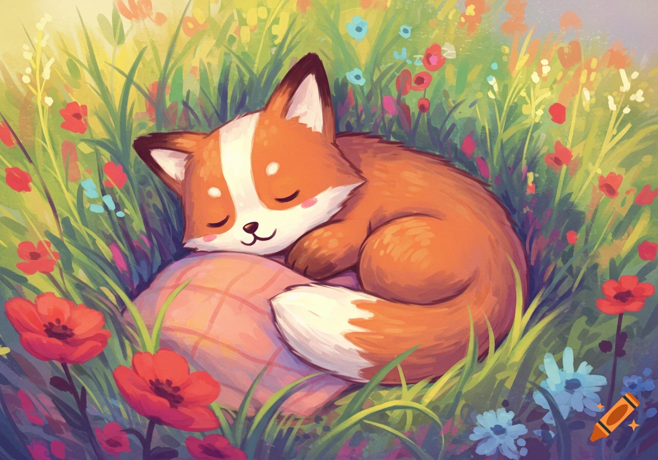 A cute cartoon fox sleeps curled up on a blanket among flowers and grass.