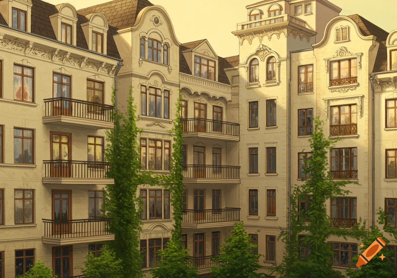 Illustrated facade of an ornate building with balconies and trees