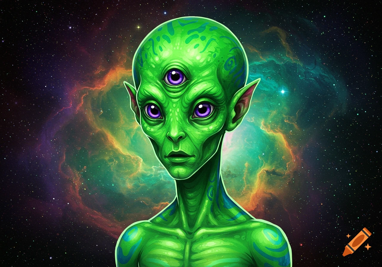 A green alien with three purple eyes stands against a vibrant space nebula background.