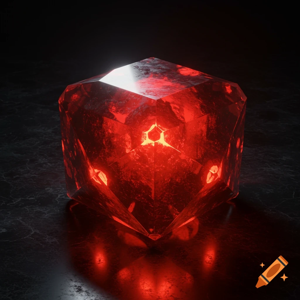A glowing red square crystal on a dark surface.