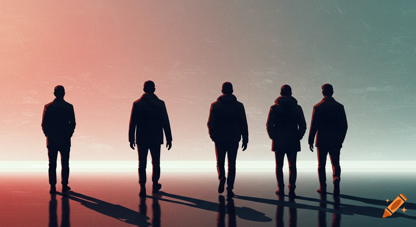 Five silhouetted figures walk away from the camera across a reflective floor against a gradient background.