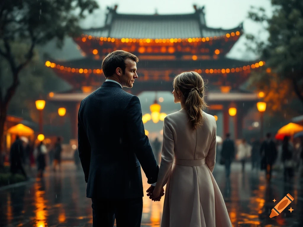 Couple holding hands in the rain in front of a pagoda