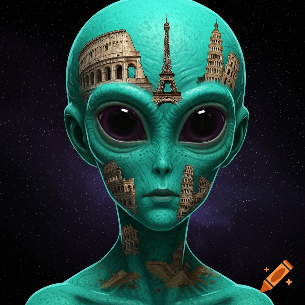 A teal alien with purple eyes has famous historical landmarks integrated into its skin, against a starry space background.