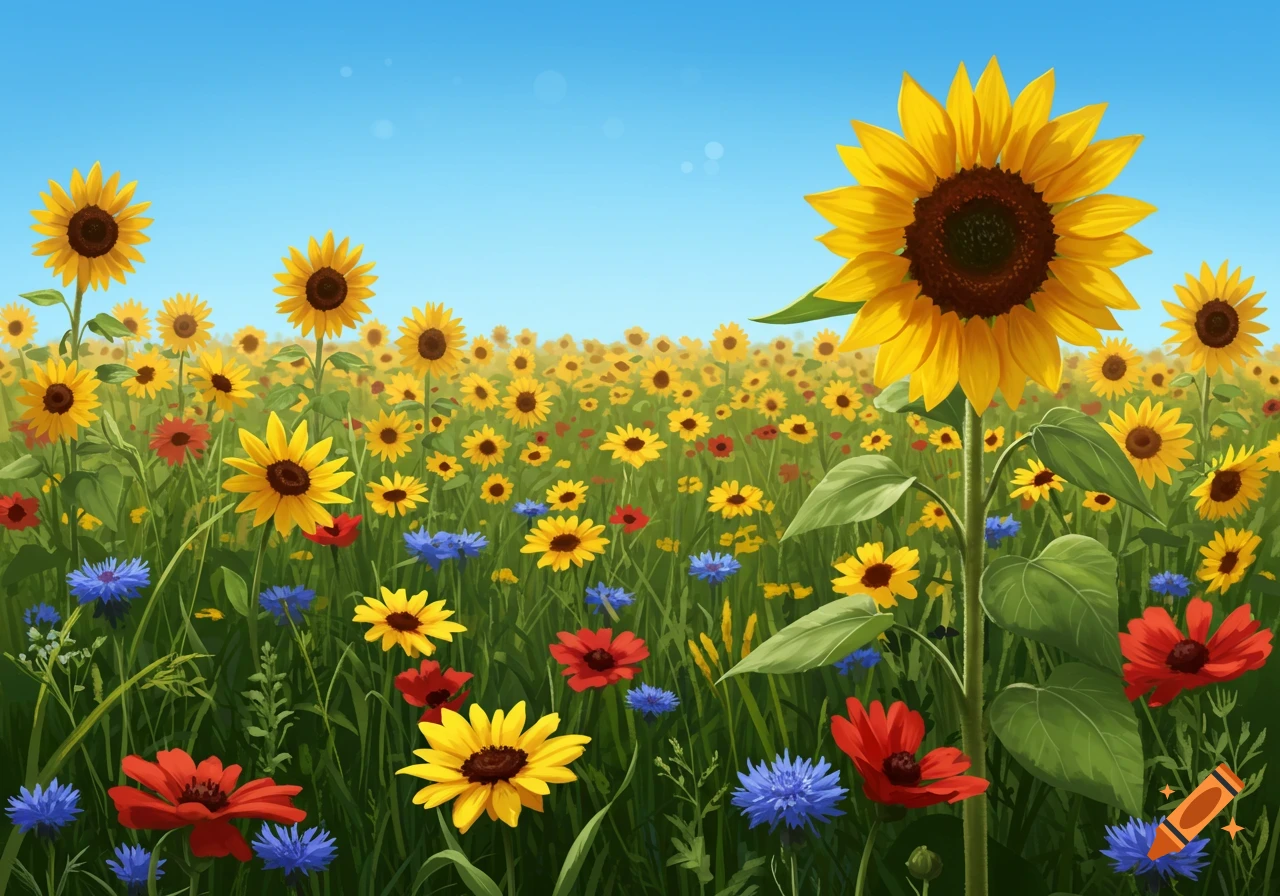 A field full of bright yellow sunflowers, red poppies, and blue cornflowers under a clear blue sky.