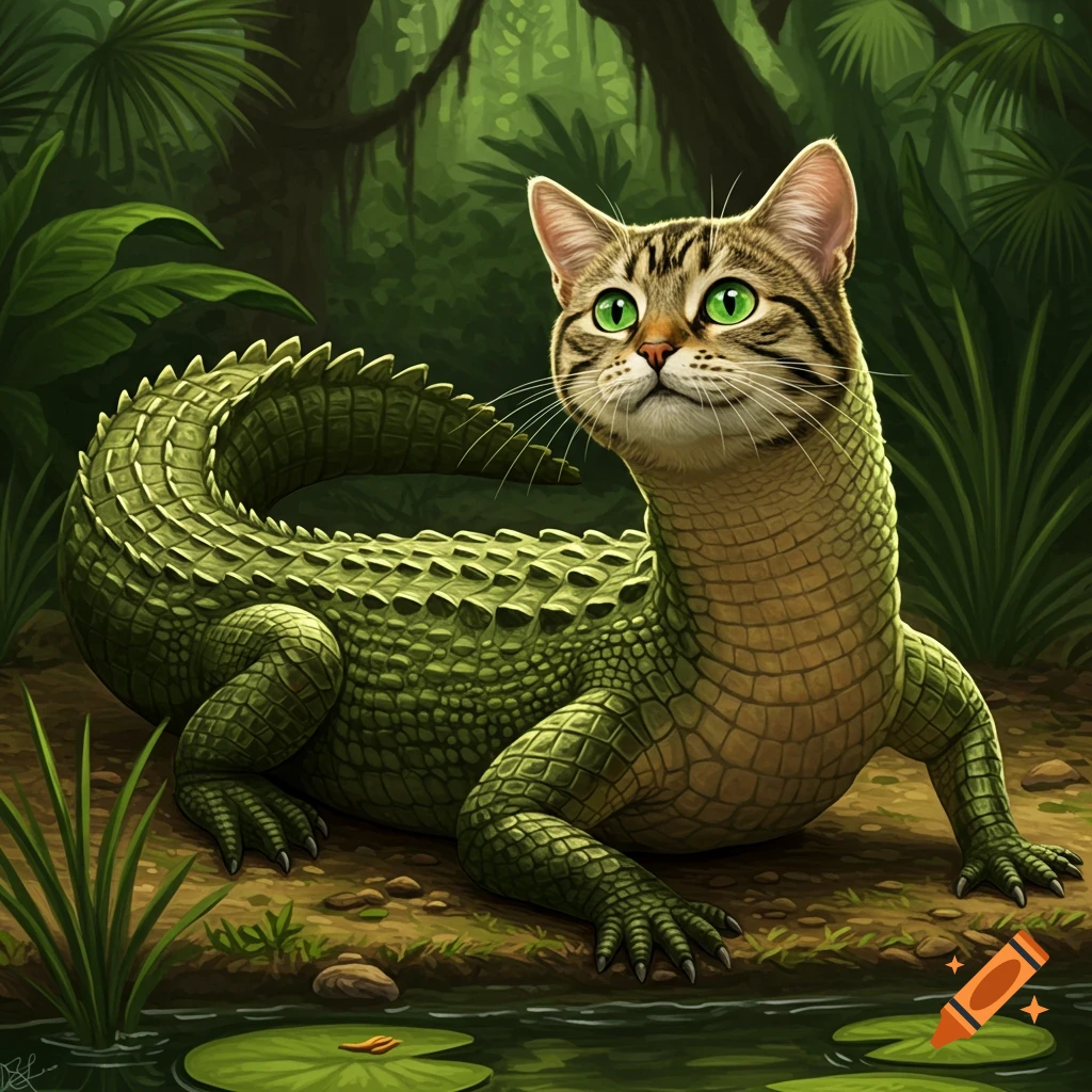 A cat-alligator hybrid creature sits by a pond in a lush jungle.