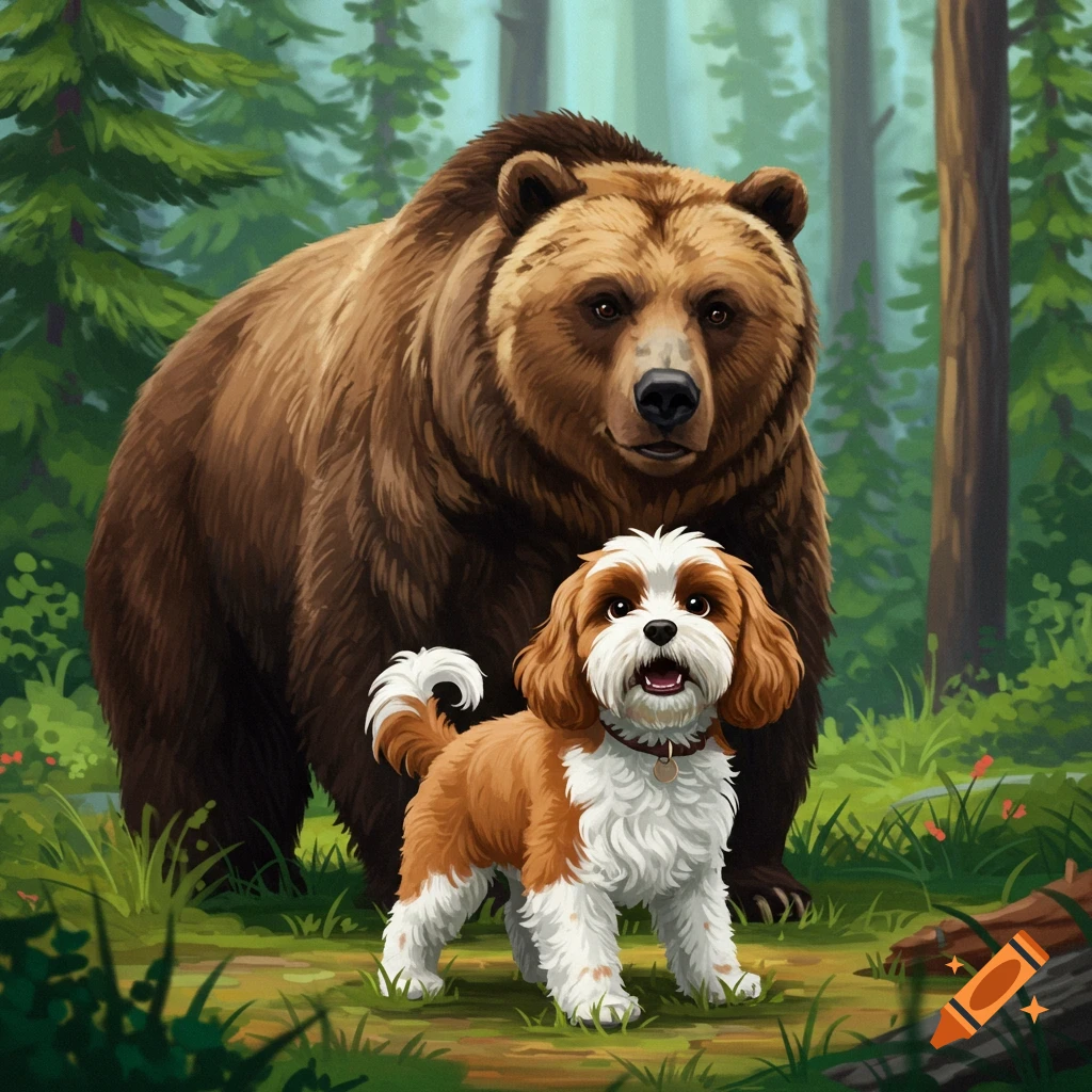 A large brown bear stands in a forest clearing behind a small white and brown Cavapoo dog.