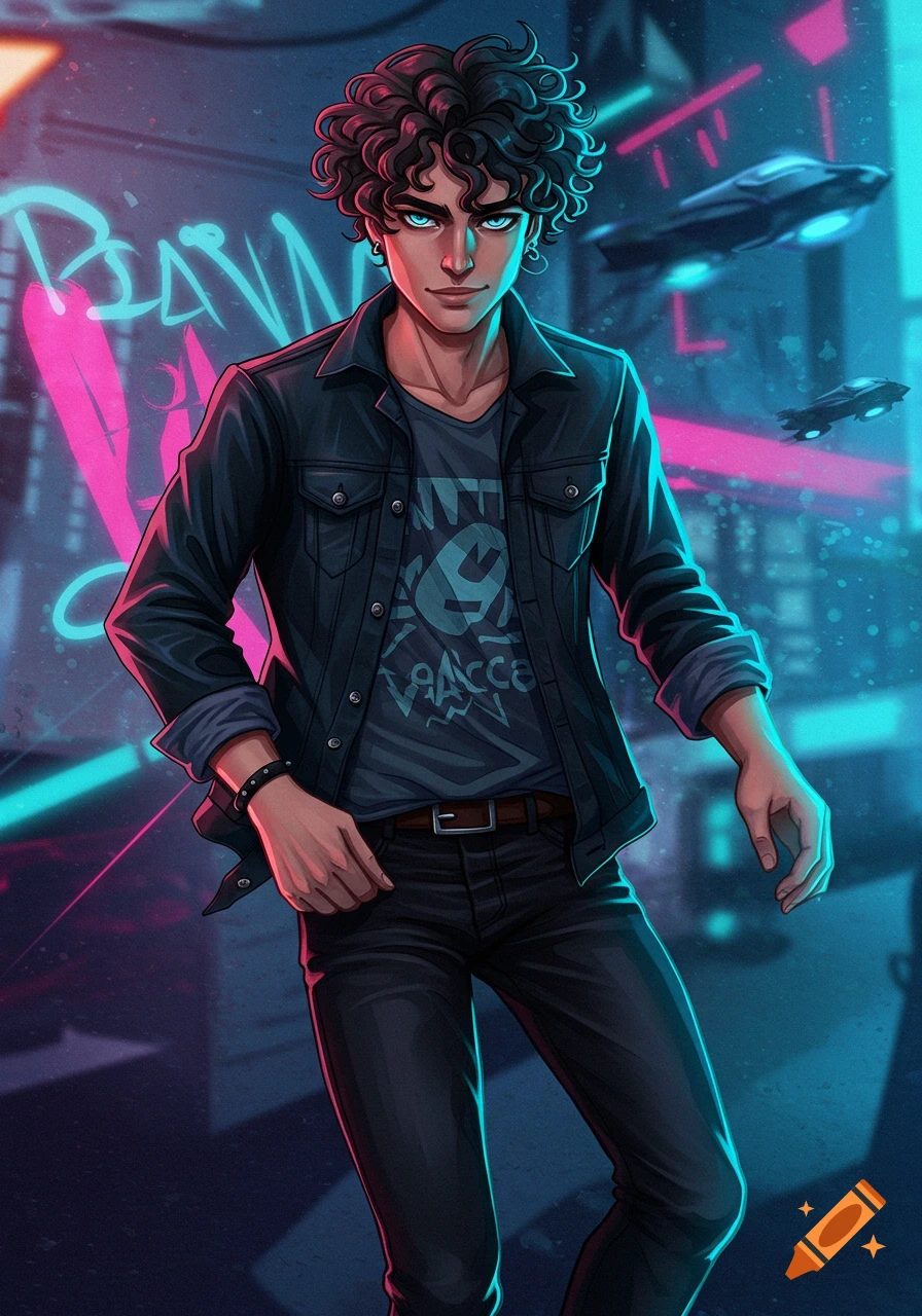 Illustration of a young man with curly hair in a cyberpunk city at night with neon lights and flying vehicles.