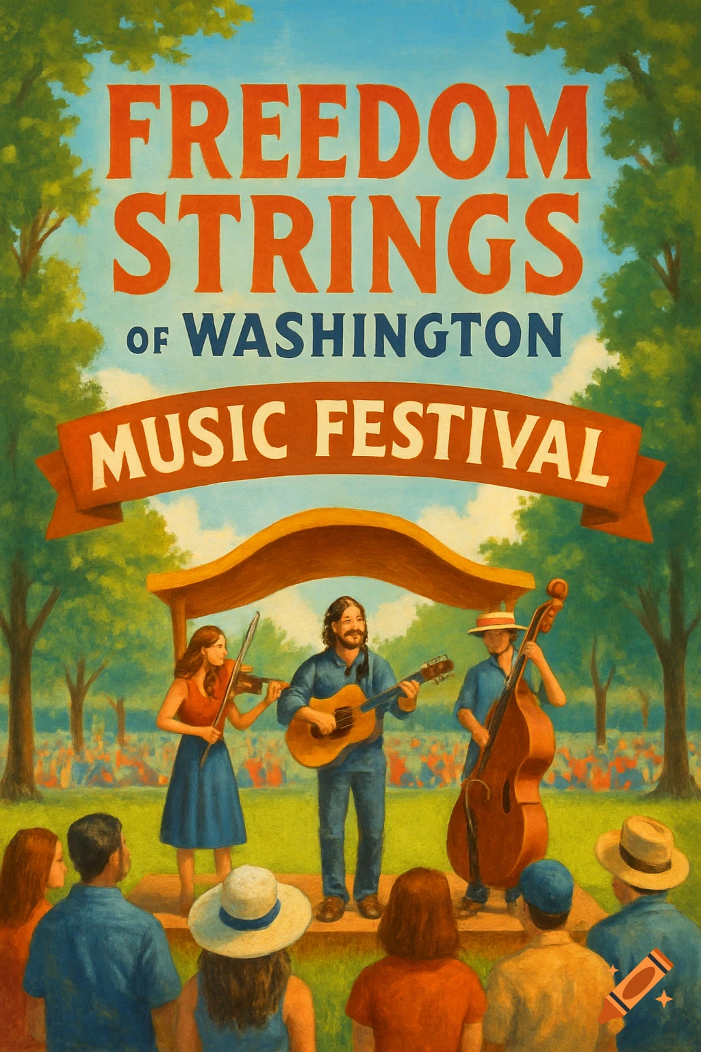 Painted poster of a music festival with musicians playing on a stage in a park and text that reads "Freedom Strings of Washington Music Festival"
