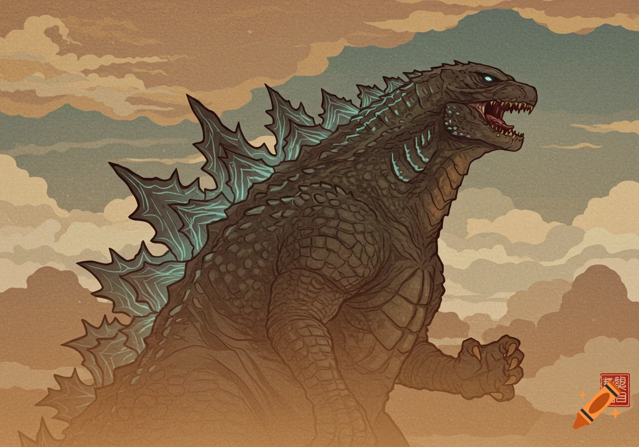 A stylized illustration of Godzilla roaring, depicted in a Japanese art style with muted colors and stormy clouds.