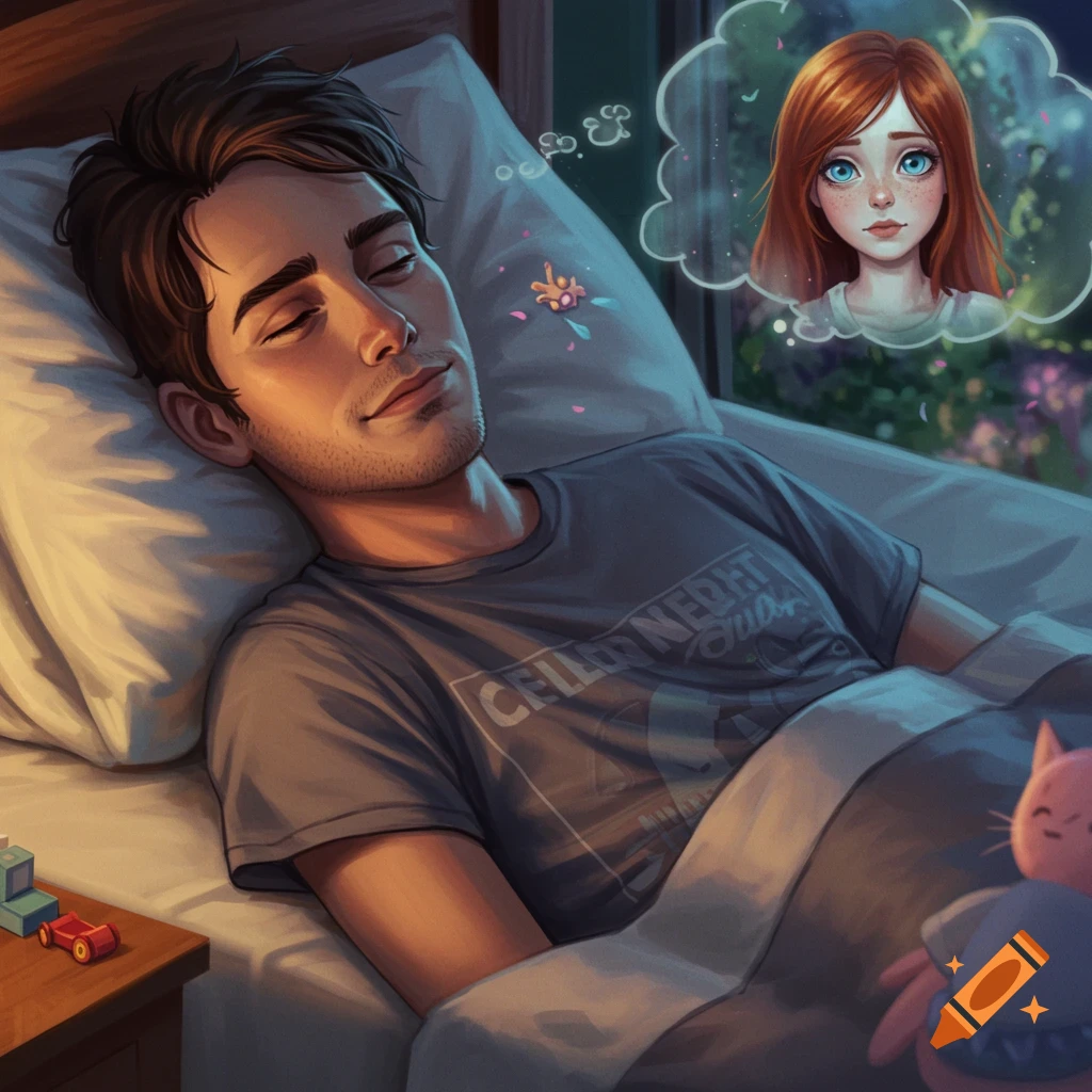 An illustration of a man sleeping in bed, dreaming of a woman's face in a thought bubble.