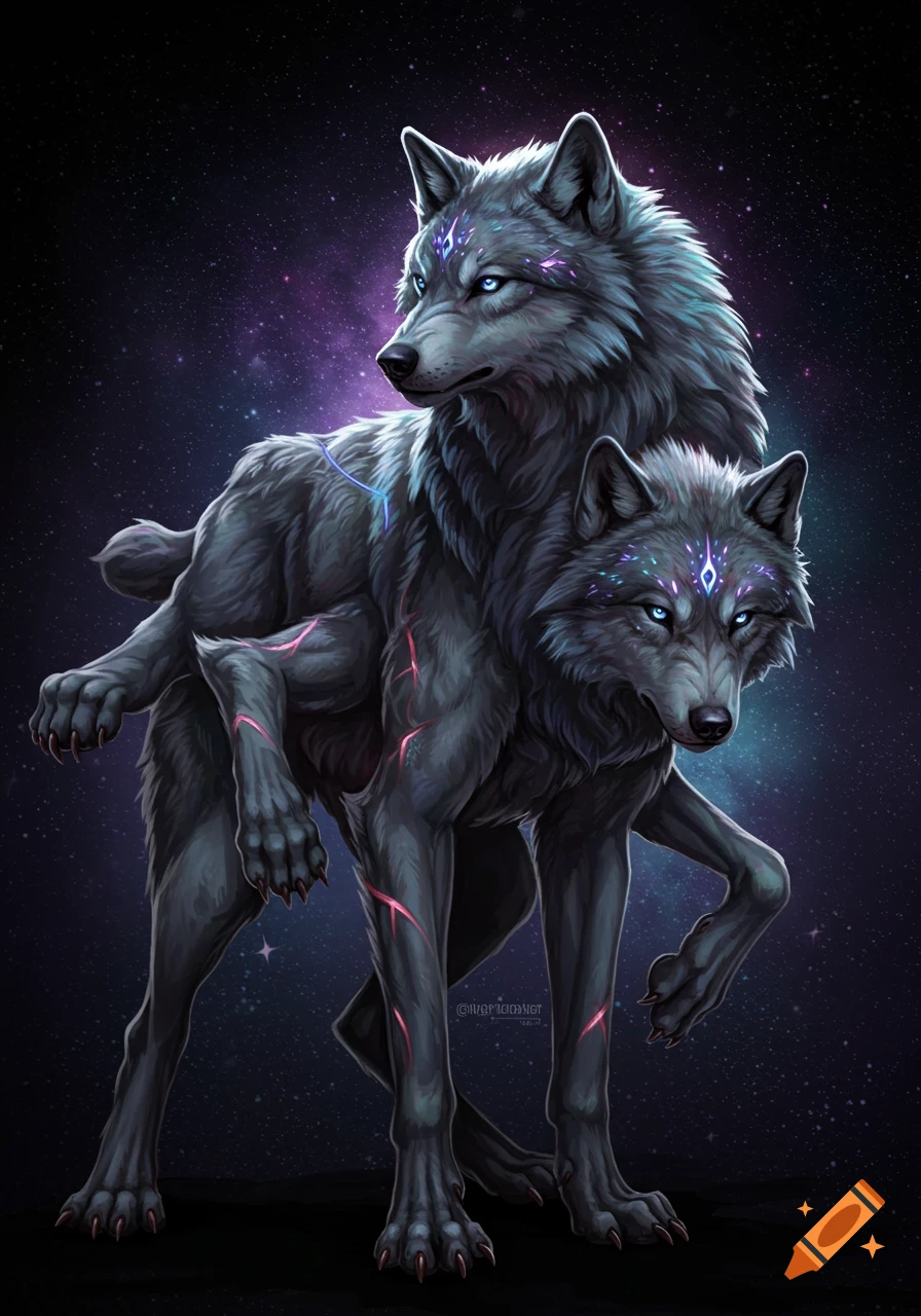 Two fantasy wolves with glowing eyes and mystical markings stand against a starry cosmic background.