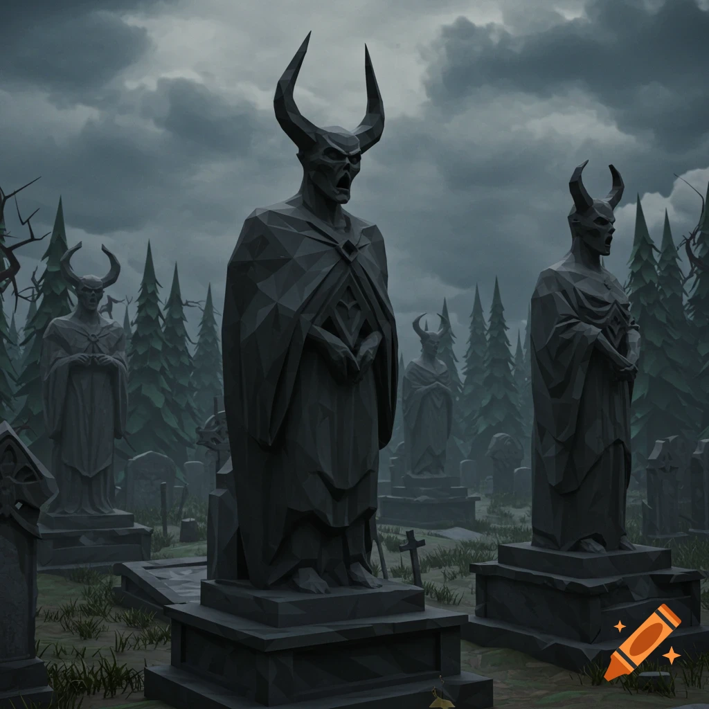 Low poly demonic statues in a dark gothic cemetery.