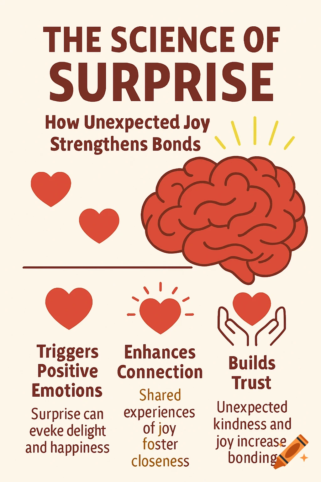 Infographic explaining the science of surprise and bonding, featuring a brain and hearts.