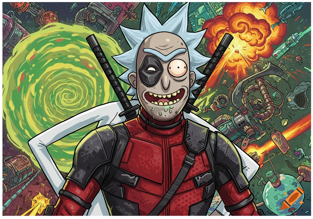 Rick Sanchez dressed as Deadpool in a space battle scene with a portal and explosions.