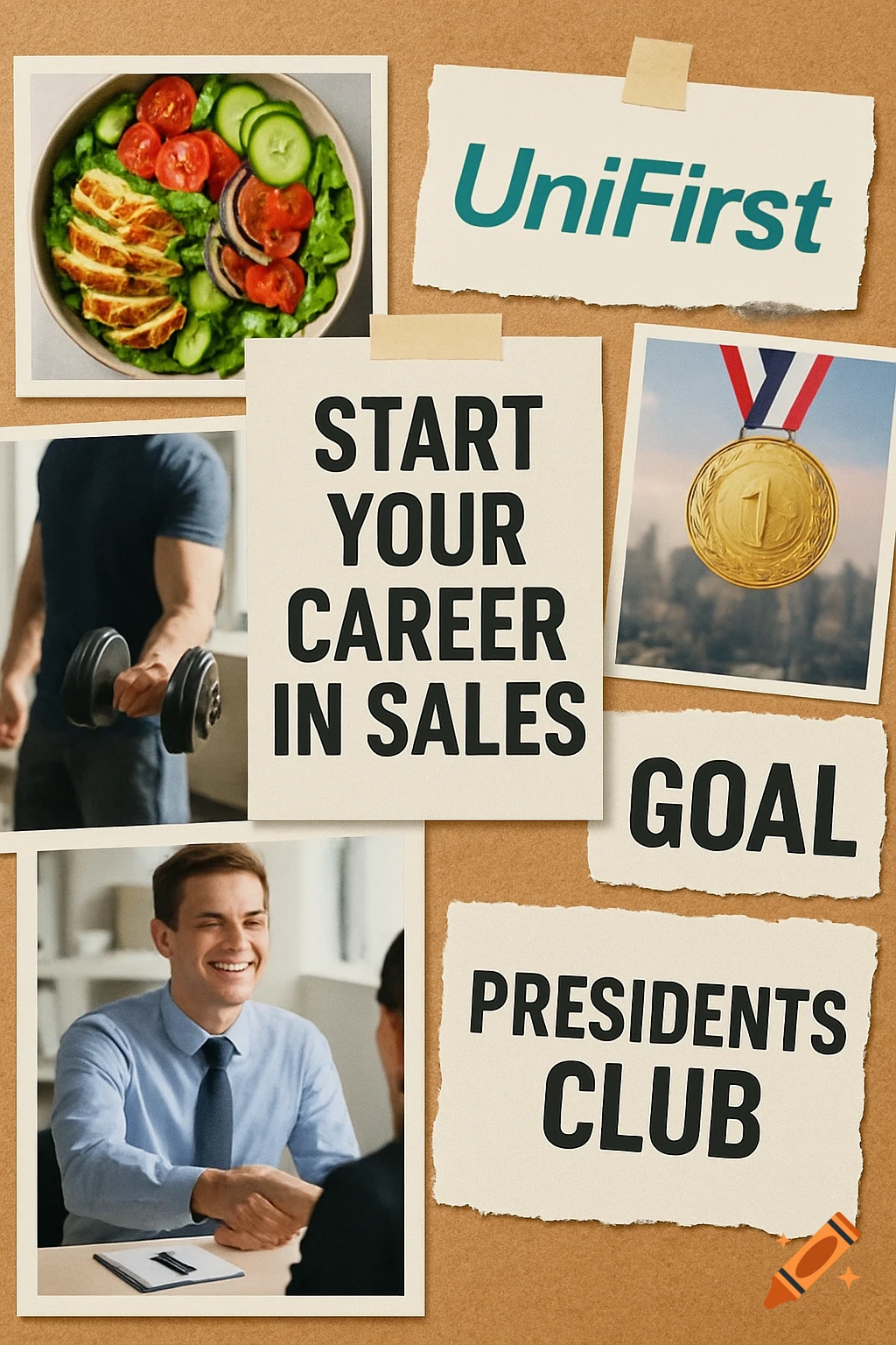 Motivation board collage featuring images of a salad, a man lifting weights, a handshake, a medal, and text like "START YOUR CAREER IN SALES".