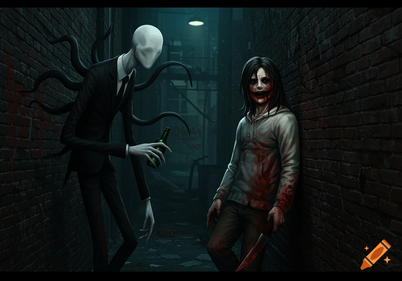 A digital illustration of Slenderman holding a bottle next to Jeff the Killer with a knife in a dark alley.