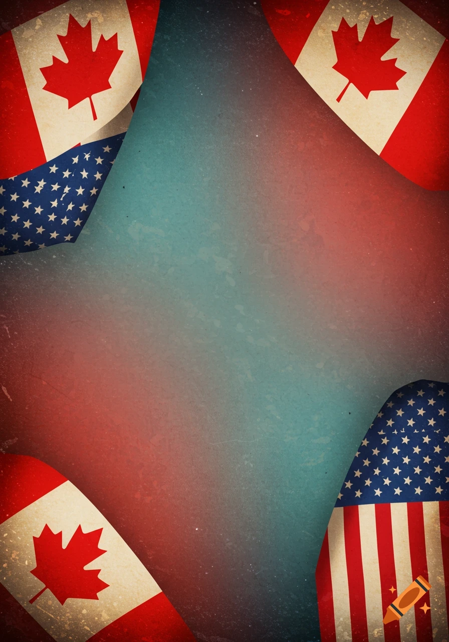 Distressed background with Canadian and US flags in the corners.