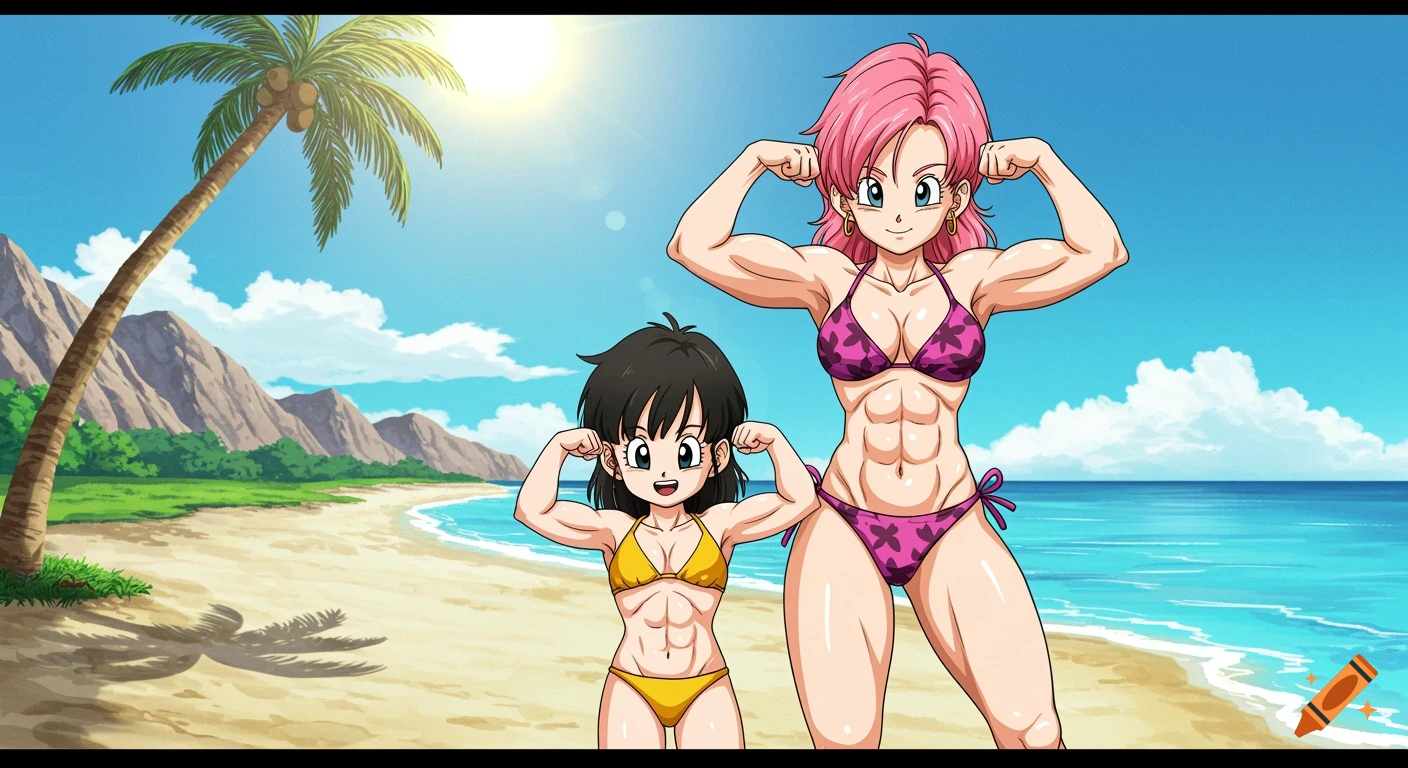 Dragon Ball Z anime characters Videl and Pan flexing in bikinis at the beach