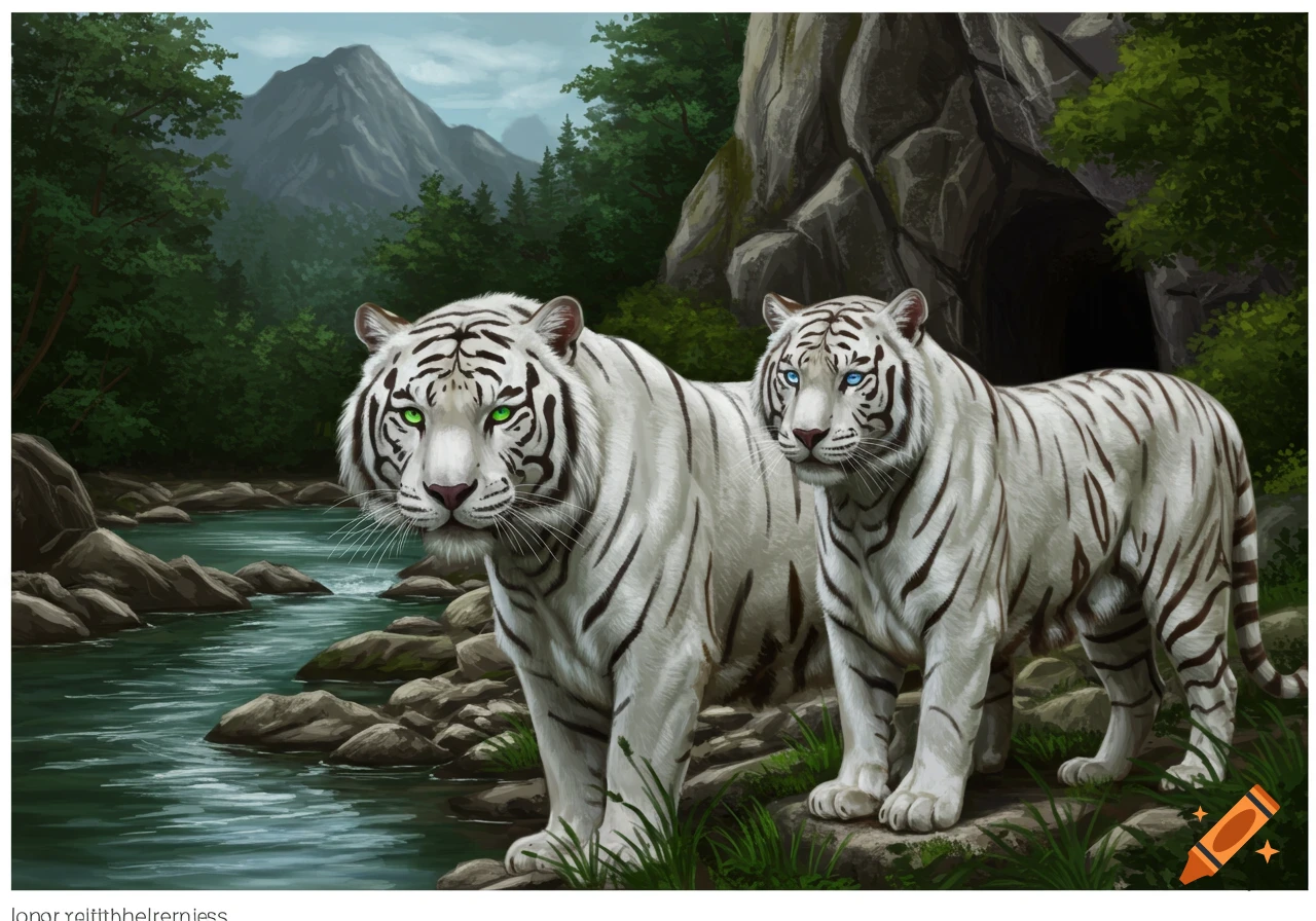 Two white tigers by a river in a forest landscape, digital painting style.