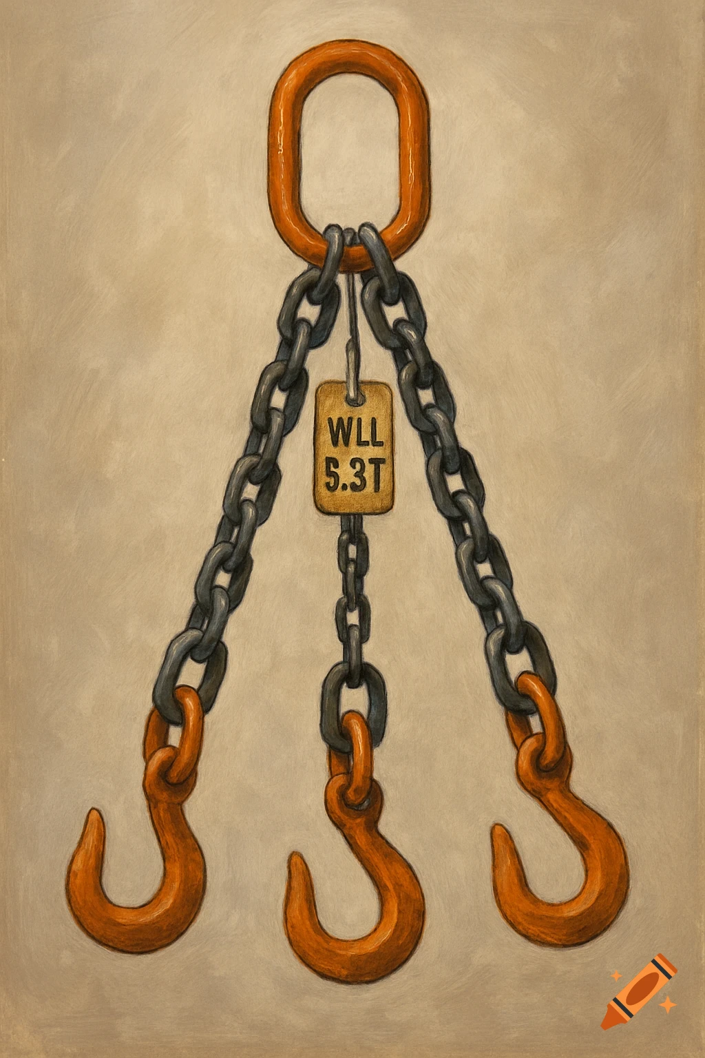 A painted illustration of an industrial chain sling with three orange hooks and a tag showing WLL 5.3T