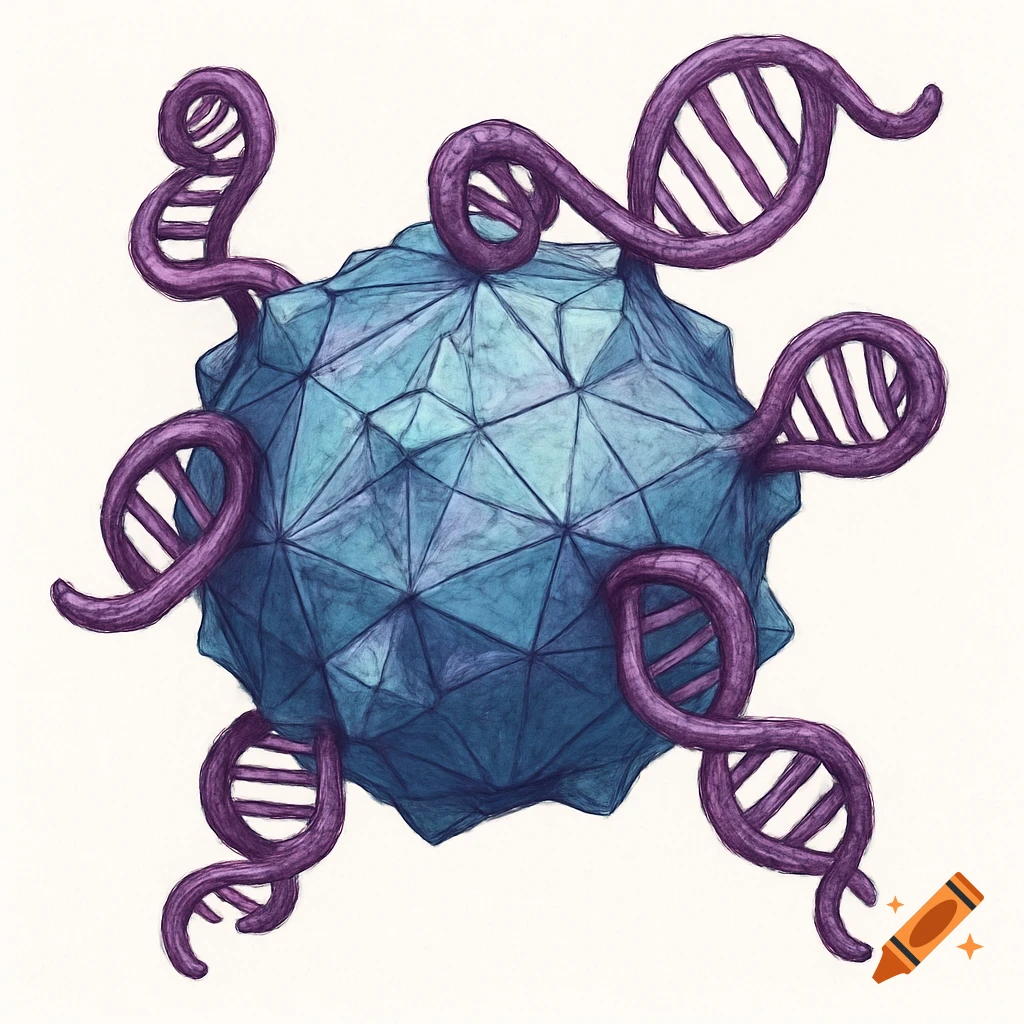 Watercolor drawing of a polygonal virus structure with purple DNA strands emerging from it on a white background.
