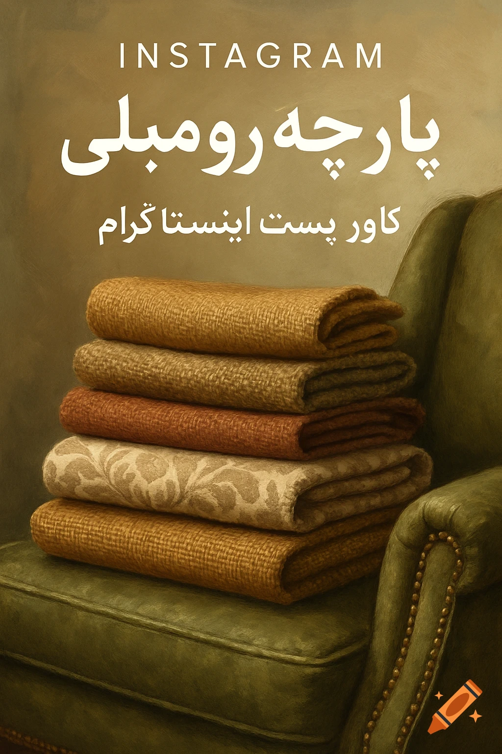 Stack of patterned and textured upholstery fabric on a green armchair with overlaid text.