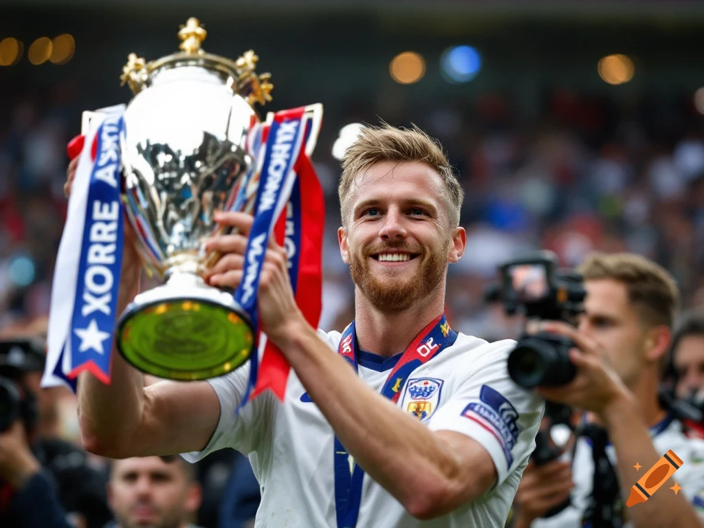 Man lifting a silver trophy with ribbons above his head and smiling