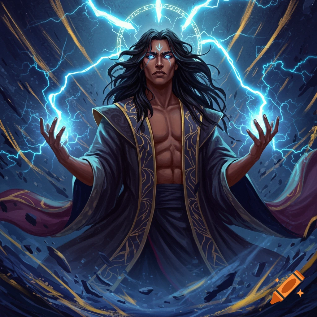 Fantasy character with black hair and glowing blue eyes summoning ...