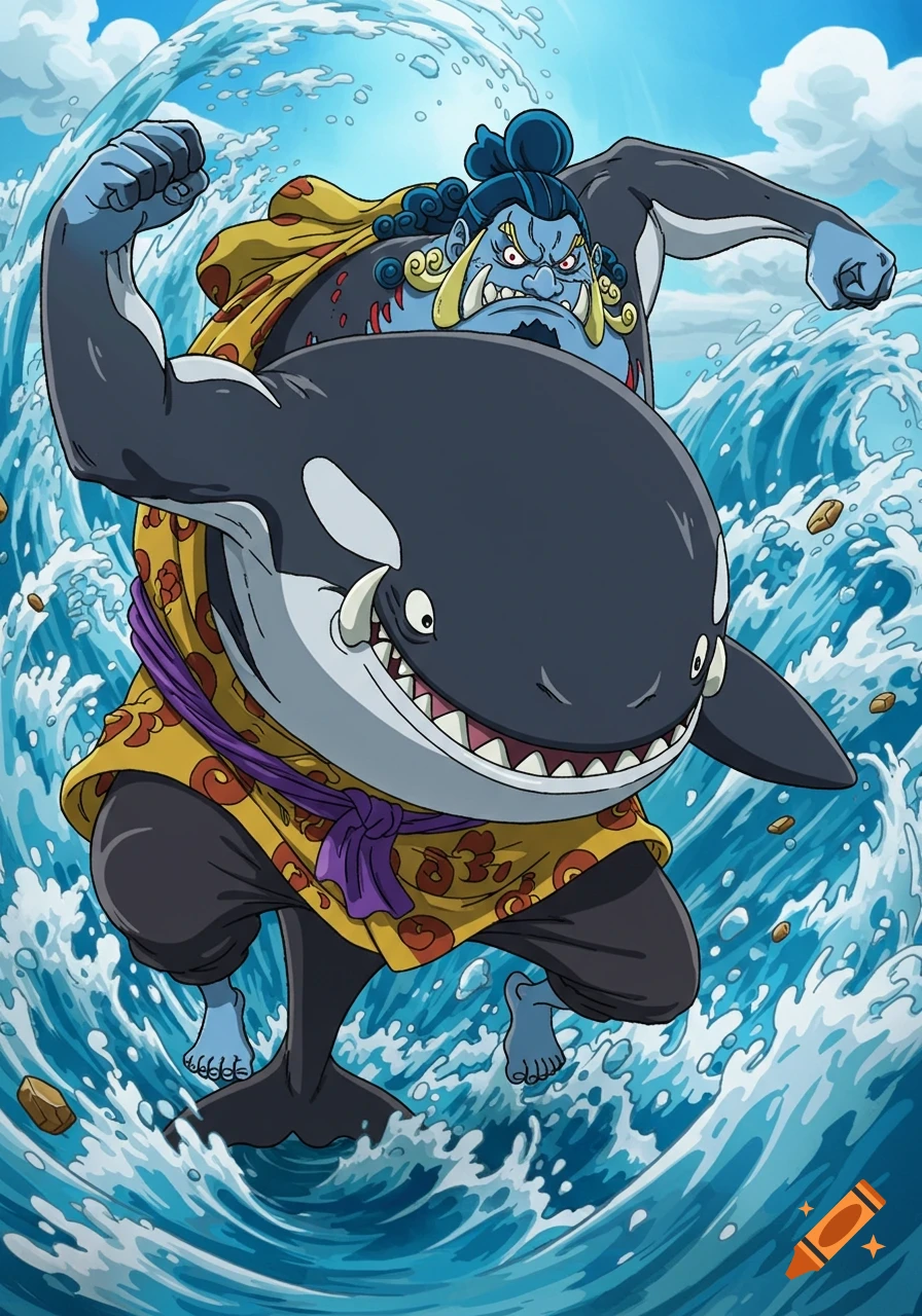 Anime style illustration of Jinbe the fishman riding a killer whale through choppy waves.