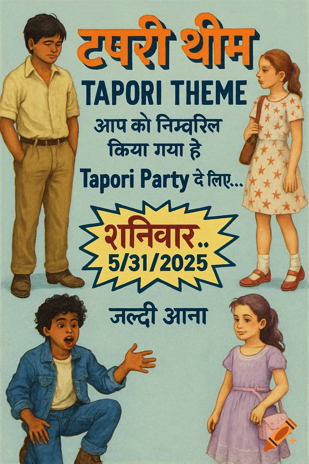 Digital illustration of a party invitation with four children and text in Hindi and English.
