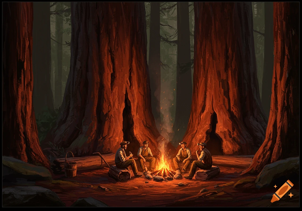 Miners sit around a campfire in a redwood forest painting.