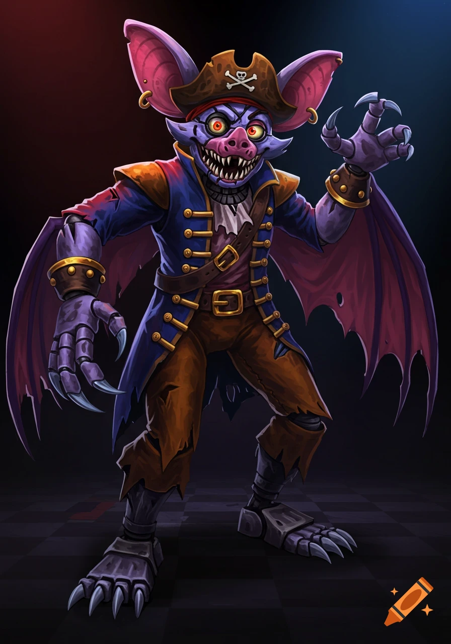 A pirate bat animatronic stands ready.