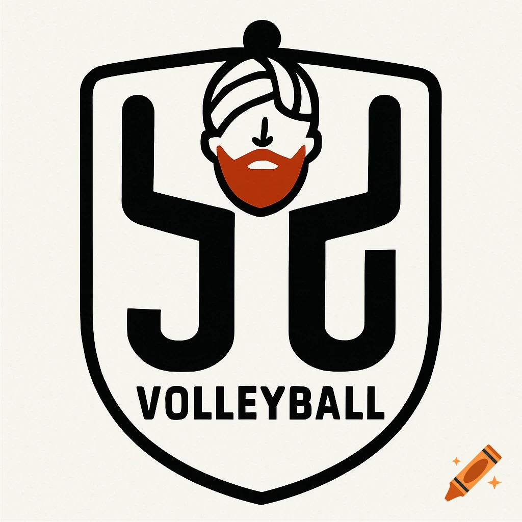 A minimalist shield logo for a volleyball brand with stylized black letters forming a figure, a volleyball head with a red beard, and the word "VOLLEYBALL".