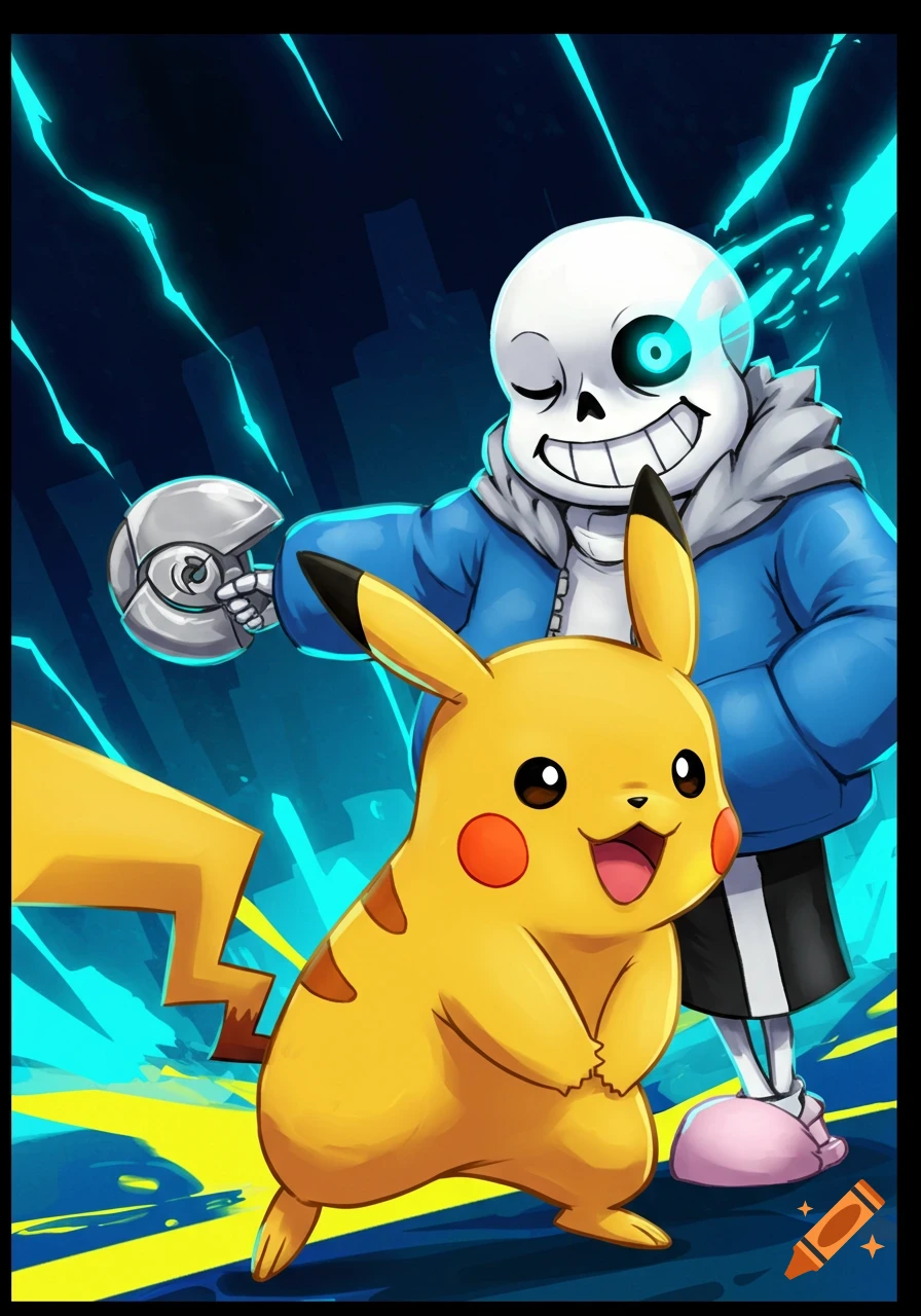 Illustration of Sans from Undertale standing behind Pikachu from Pokemon.