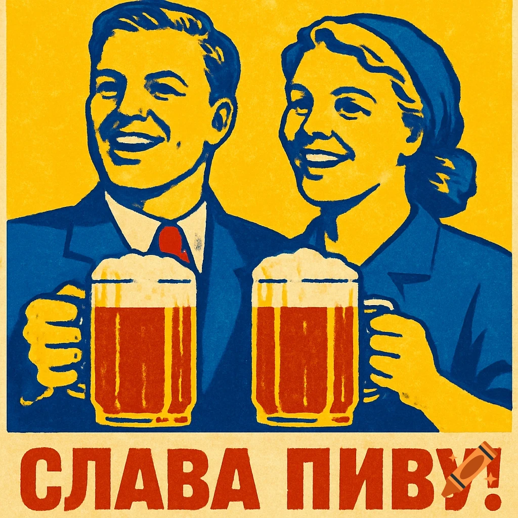 Vintage style propaganda poster of man and woman holding beer mugs.