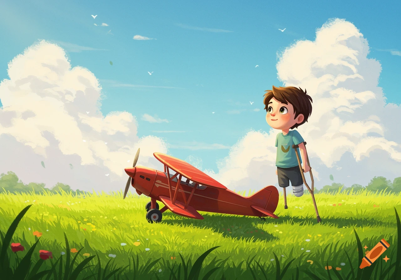 A boy with crutches stands next to a small red airplane in a grassy field under a cloudy sky.