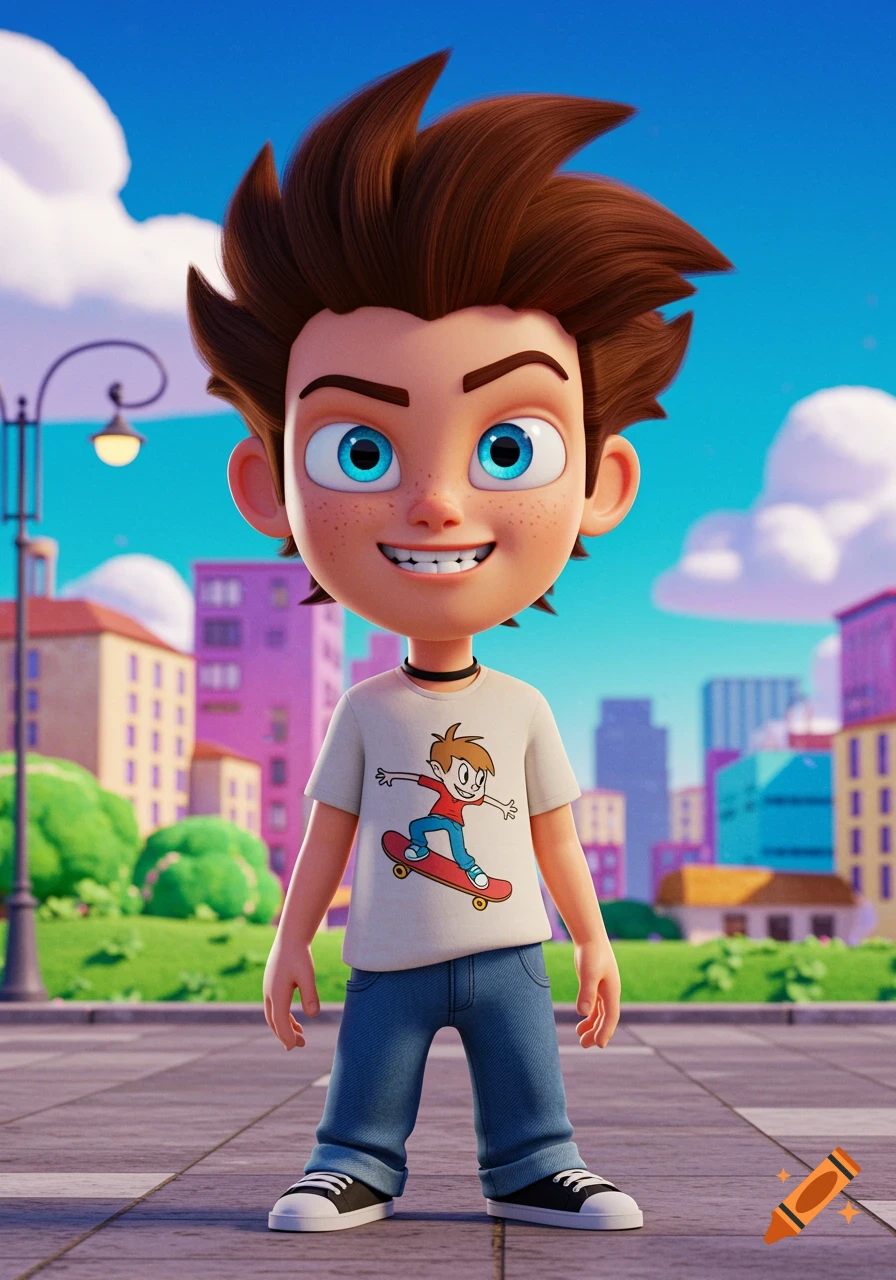 A cartoon boy with freckles and blue eyes stands on a street in a city.