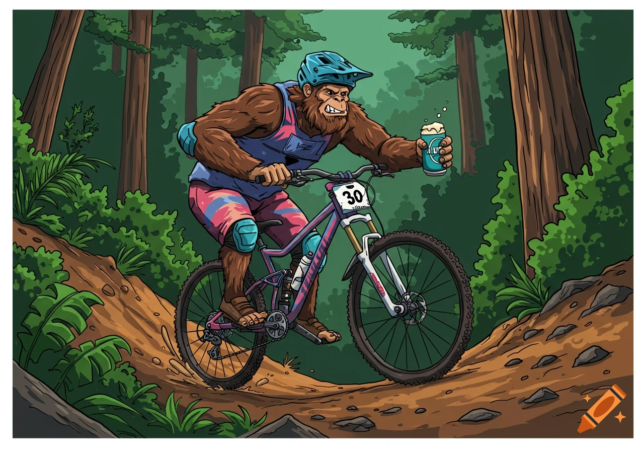 Cartoon illustration of a sasquatch mountain biking downhill while drinking a beer.