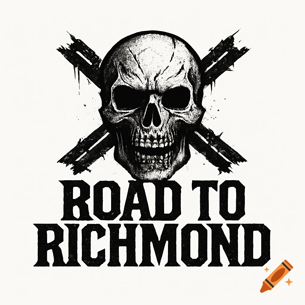 Monochrome heavy metal inspired logo of a skull with crossed axes and the text ROAD TO RICHMOND.