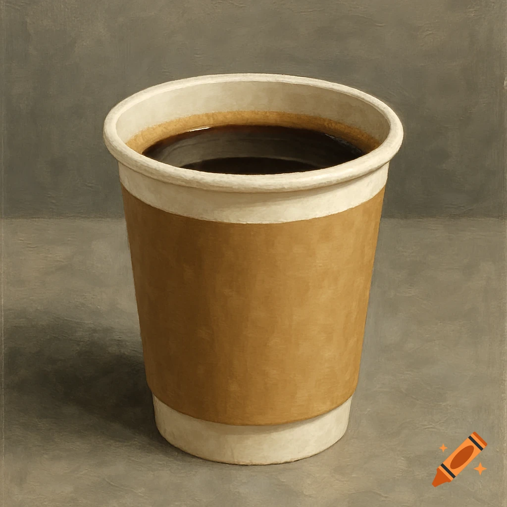 A coffee cup with a brown sleeve in a painterly style.