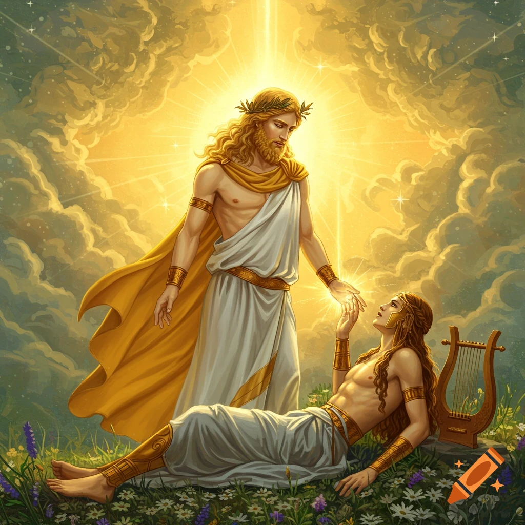 Apollo figure with halo reaches out to touch hand of reclining figure with lyre in sunny field