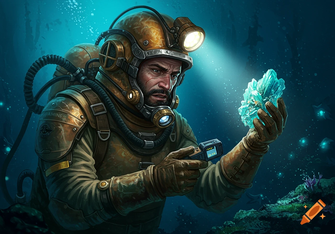 Illustration of a deep-sea miner in a helmeted suit holding a glowing crystal underwater.