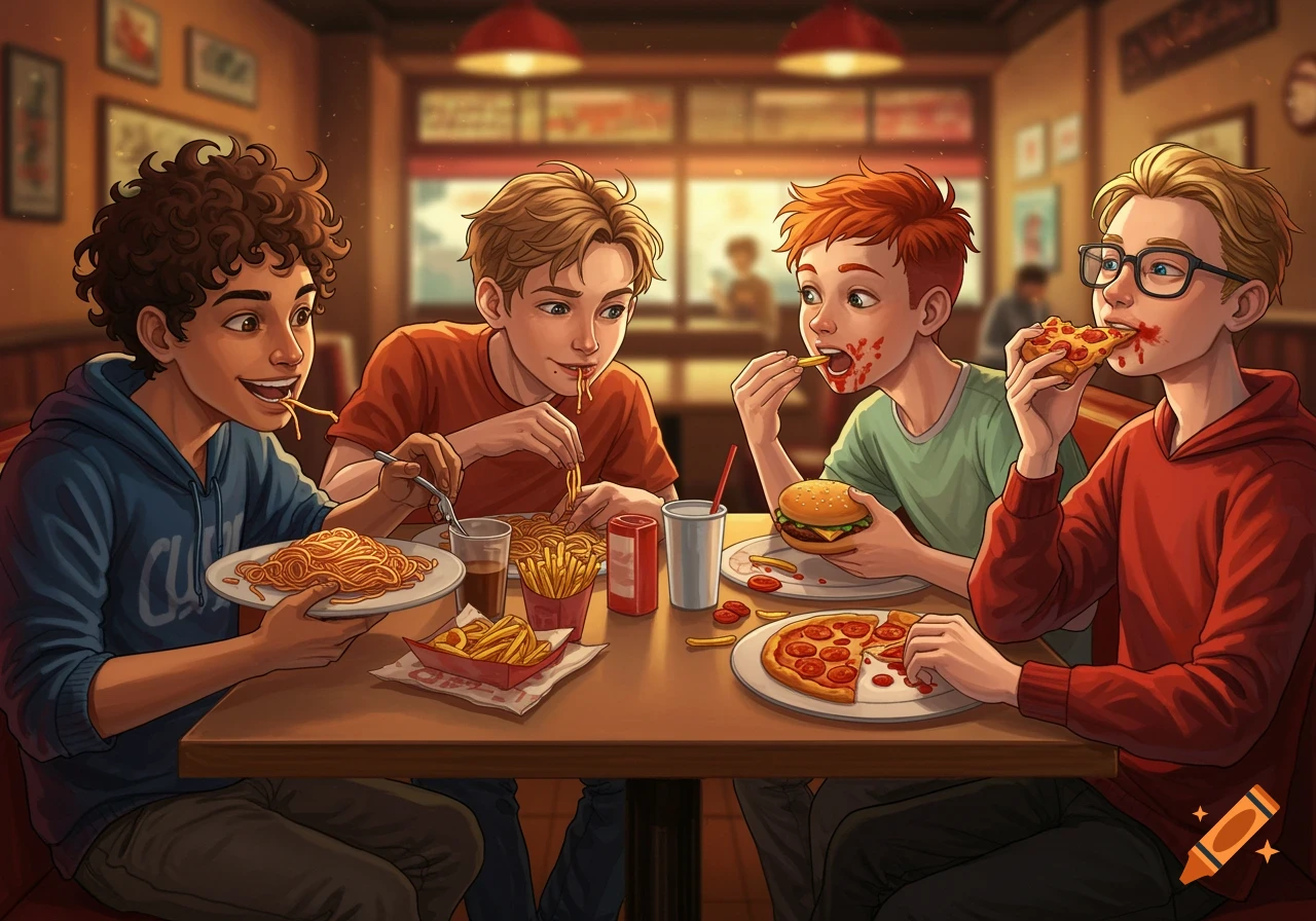 Four teenage boys eat pasta, pizza, burgers, and fries at a table in a restaurant, in an illustrated style.
