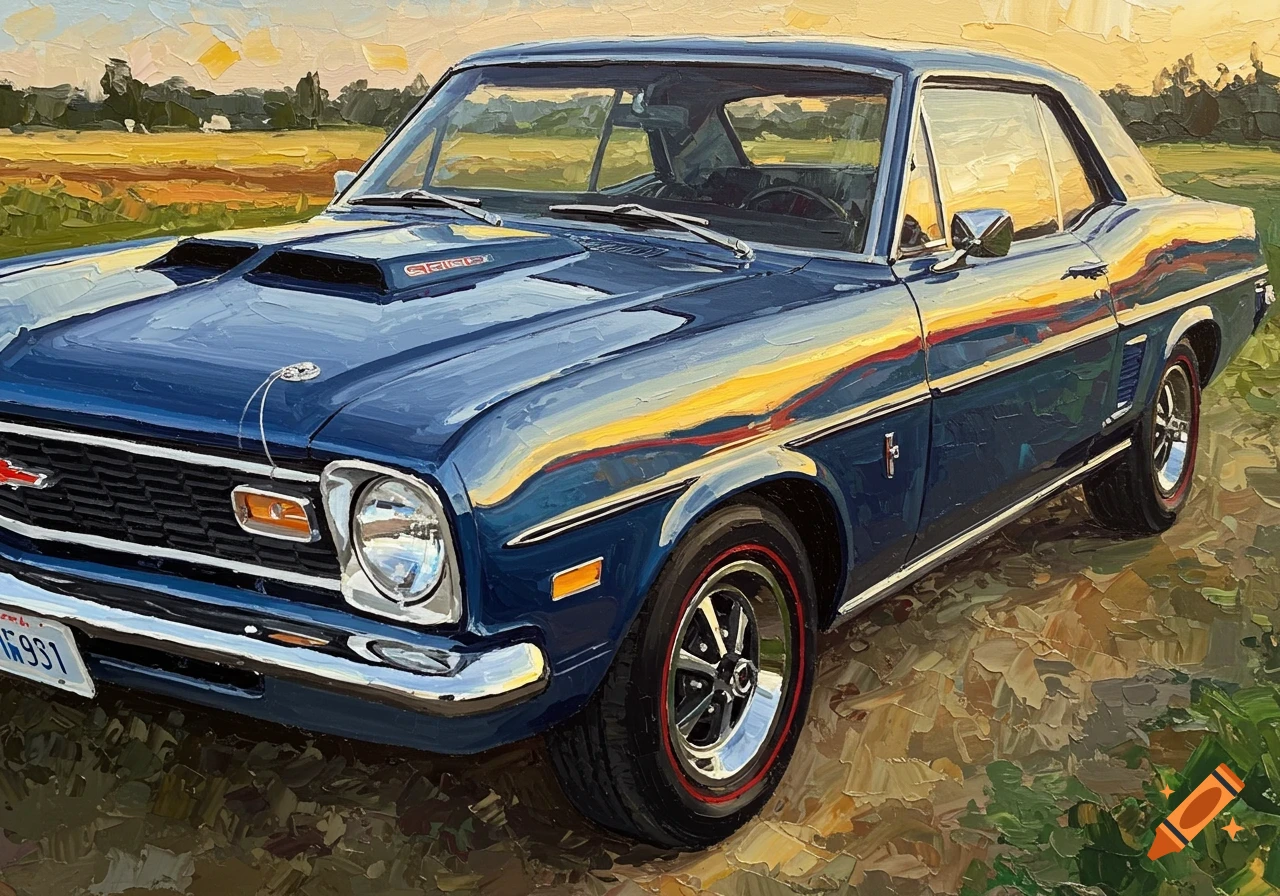 Oil painting of a blue classic car parked in a field at sunset.