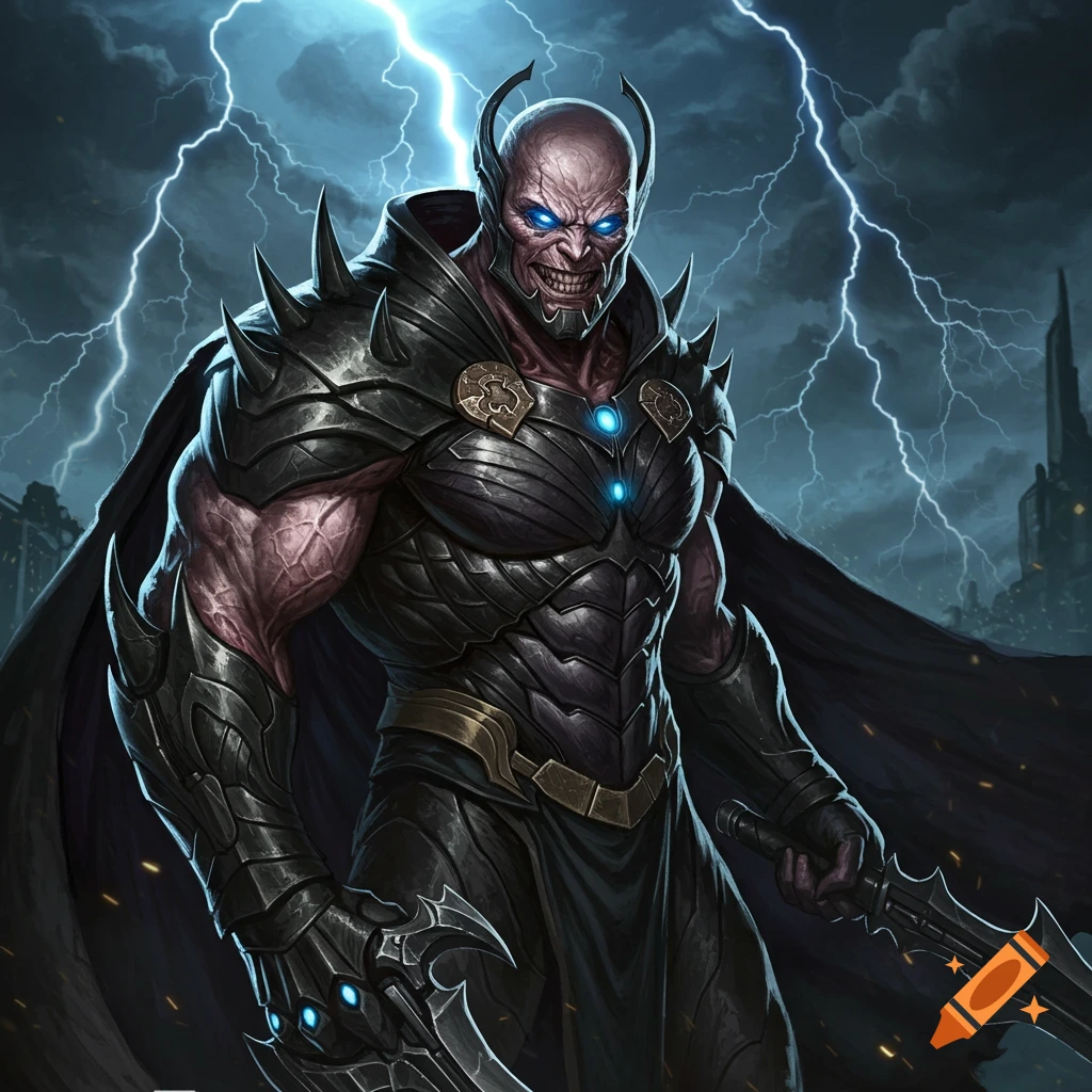 A fearsome supervillain in dark armor with glowing eyes stands against ...