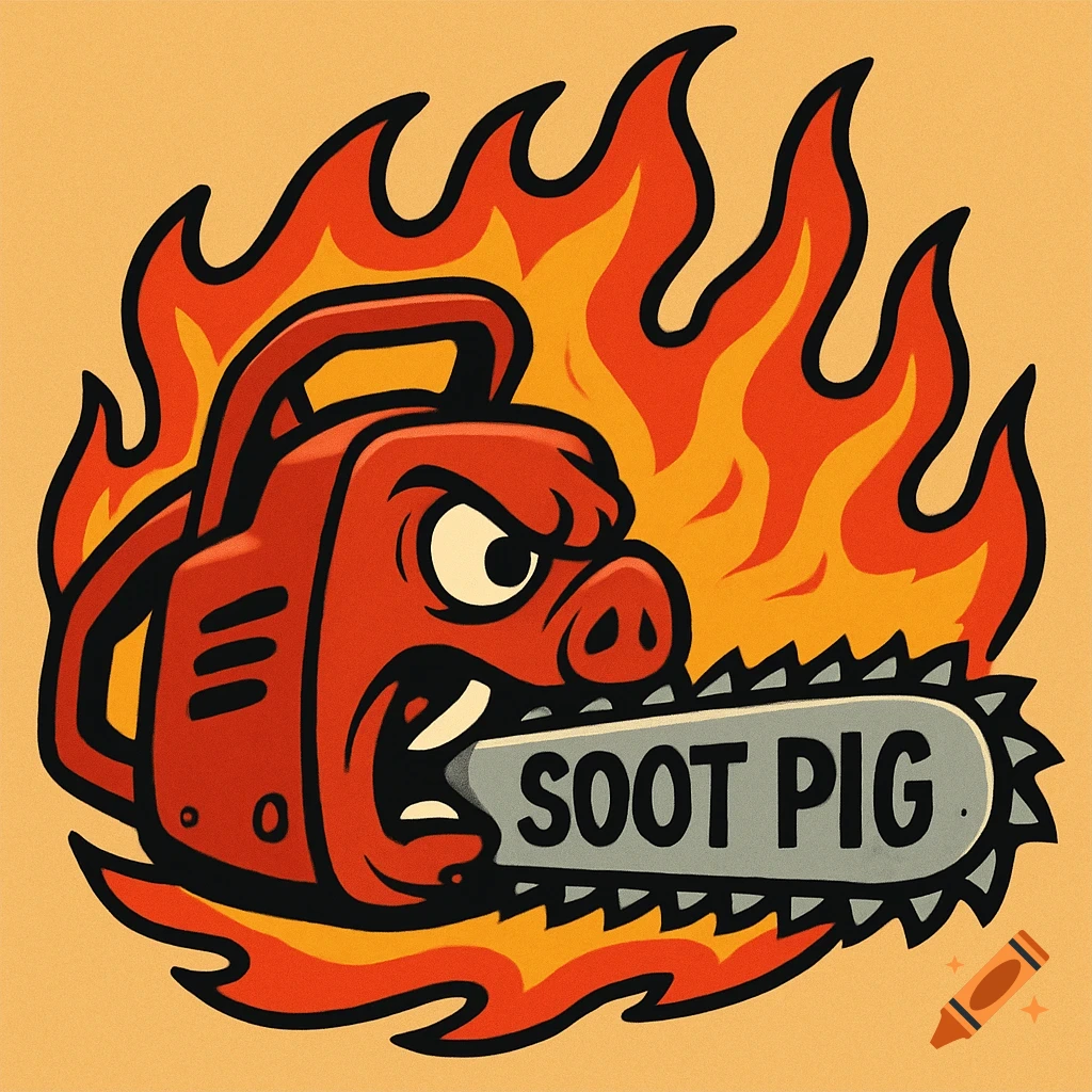 Cartoon illustration of a pig's face on a chainsaw bar surrounded by flames with "SOOT PIG" text.