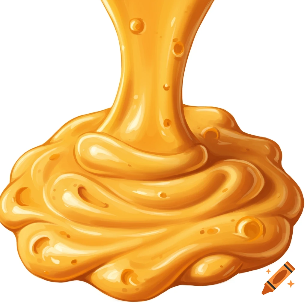 Illustrative close-up of thick orange cheese sauce pouring and pooling.
