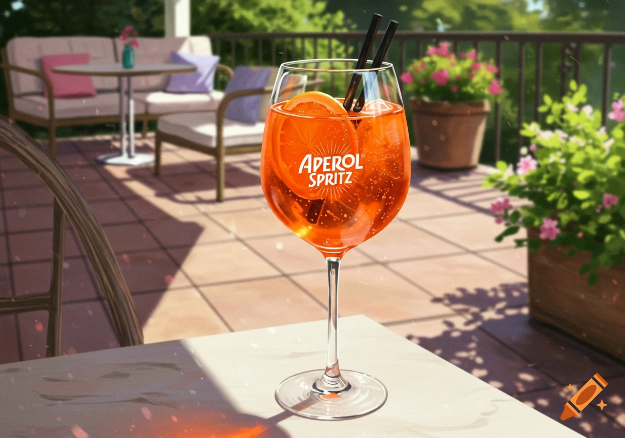 An Aperol Spritz cocktail with orange slices and straws on a table on a sunny patio with furniture and plants in the background.